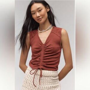 Anthropologie Pilcro Ruched V-Neck Sleeveless Tee XL NWT Baked Paprika